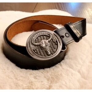 Vintage Buckles of America Longhorn Skull Western Belt Buckle & Leather Belt USA
